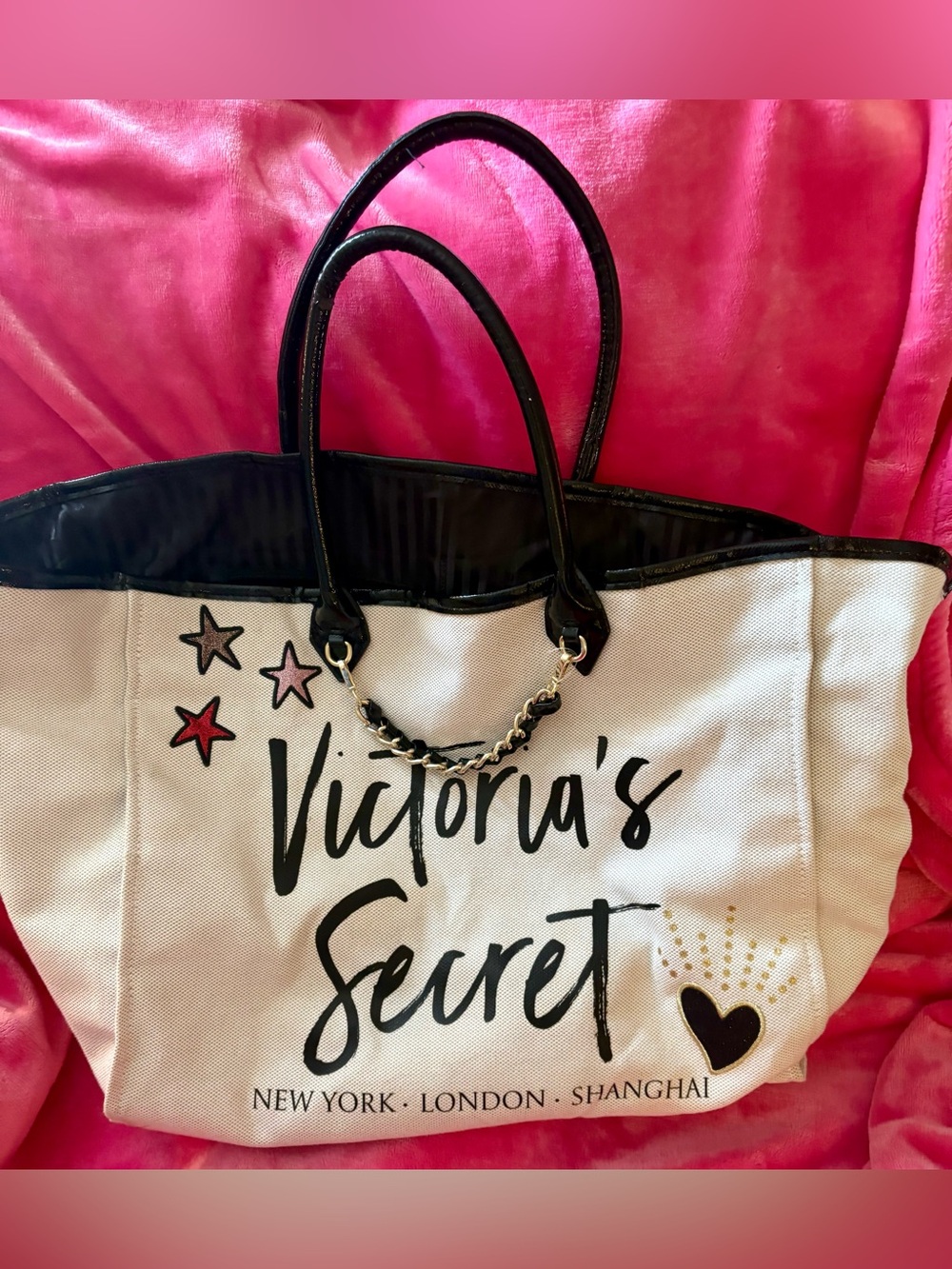 Victoria's Secret White Canvas Tote with Black Trim and Pink Star Accents